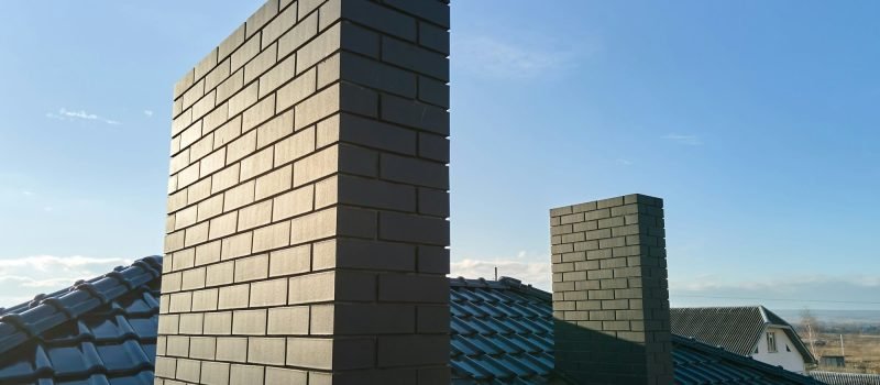 Closeup of brick chimney on house roof top covered with ceramic shingles. Tiled covering of building