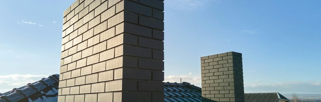 Closeup of brick chimney on house roof top covered with ceramic shingles. Tiled covering of building